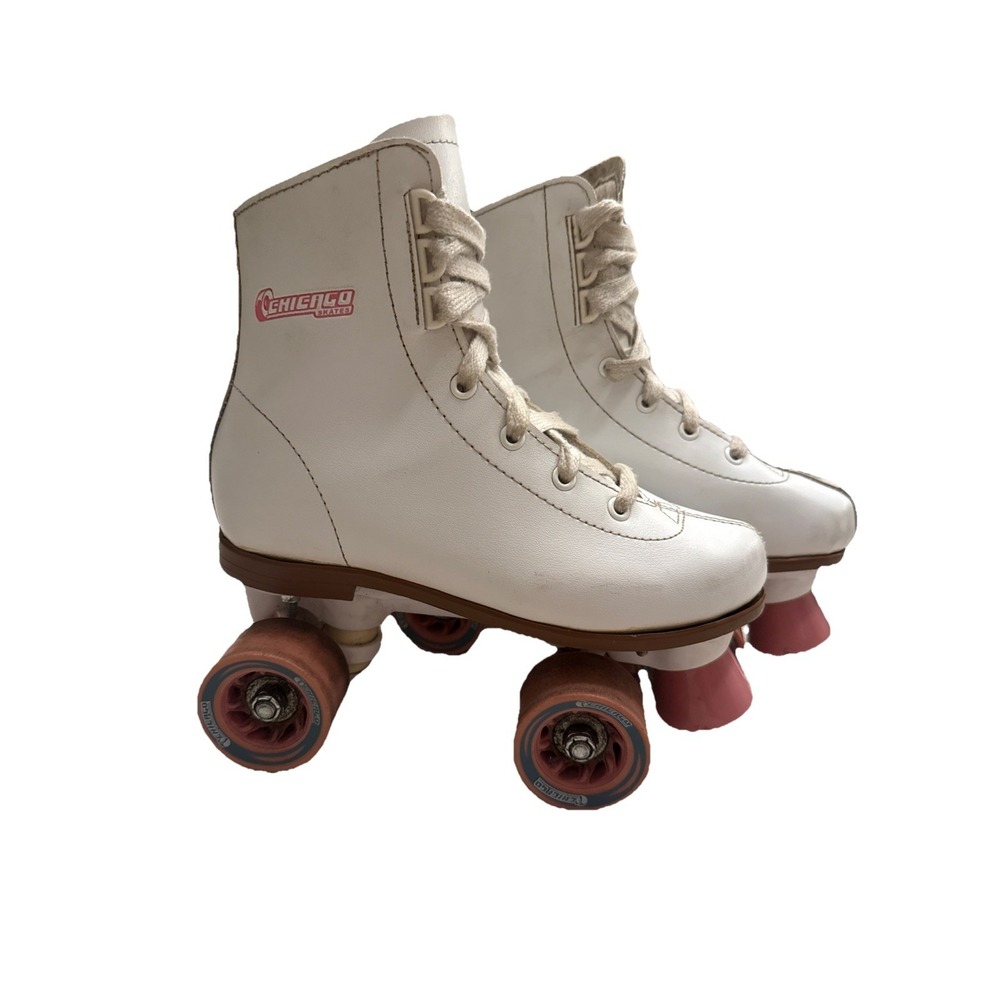 Chicago Quad Roller Skates Kids Childrens Size 3 White Leather Pink Wheels